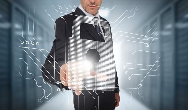 Businessman selecting a futuristic padlock with a data center on the background.jpeg